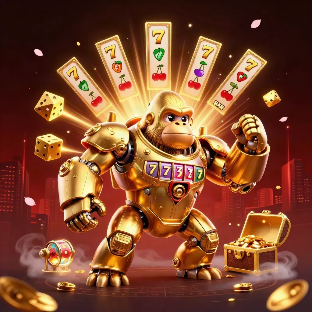 Golden gorilla mech and tiny monkey pilot amid slot reels, gold, dice and neon jackpot light