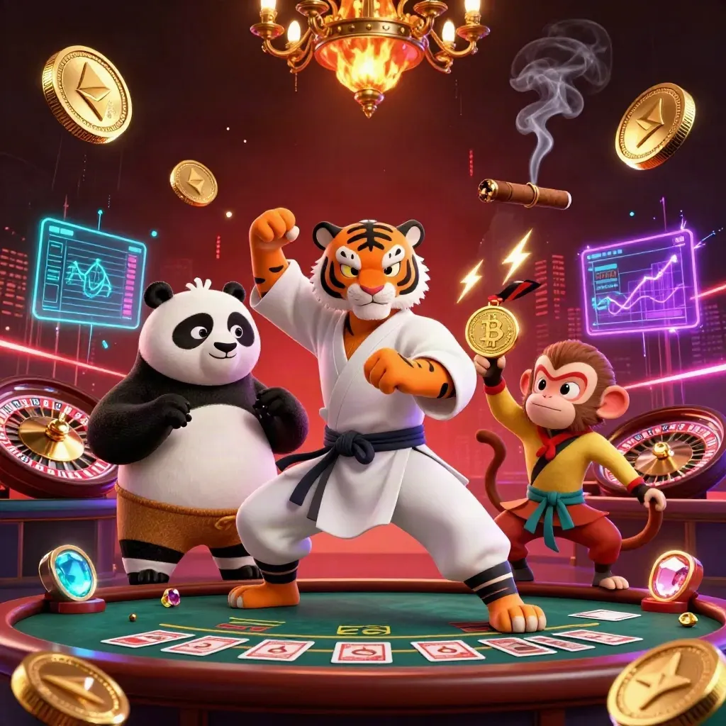 Kung-fu tiger, panda and monkey in a neon casino with coins, roulette, cards and electric energy