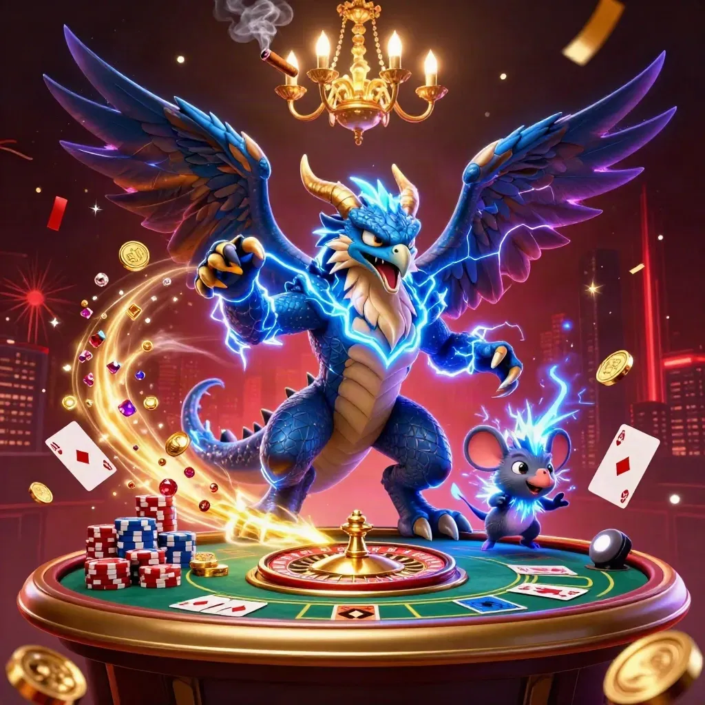 Thunder dragon, hawk, and mouse amid casino wealth, spinning roulette, and neon luxury.