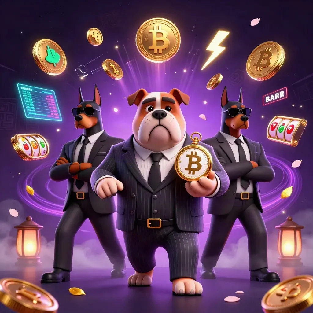 Mafia bulldog and bodyguards burst through neon gold casino energy with coins, charts, and runes.