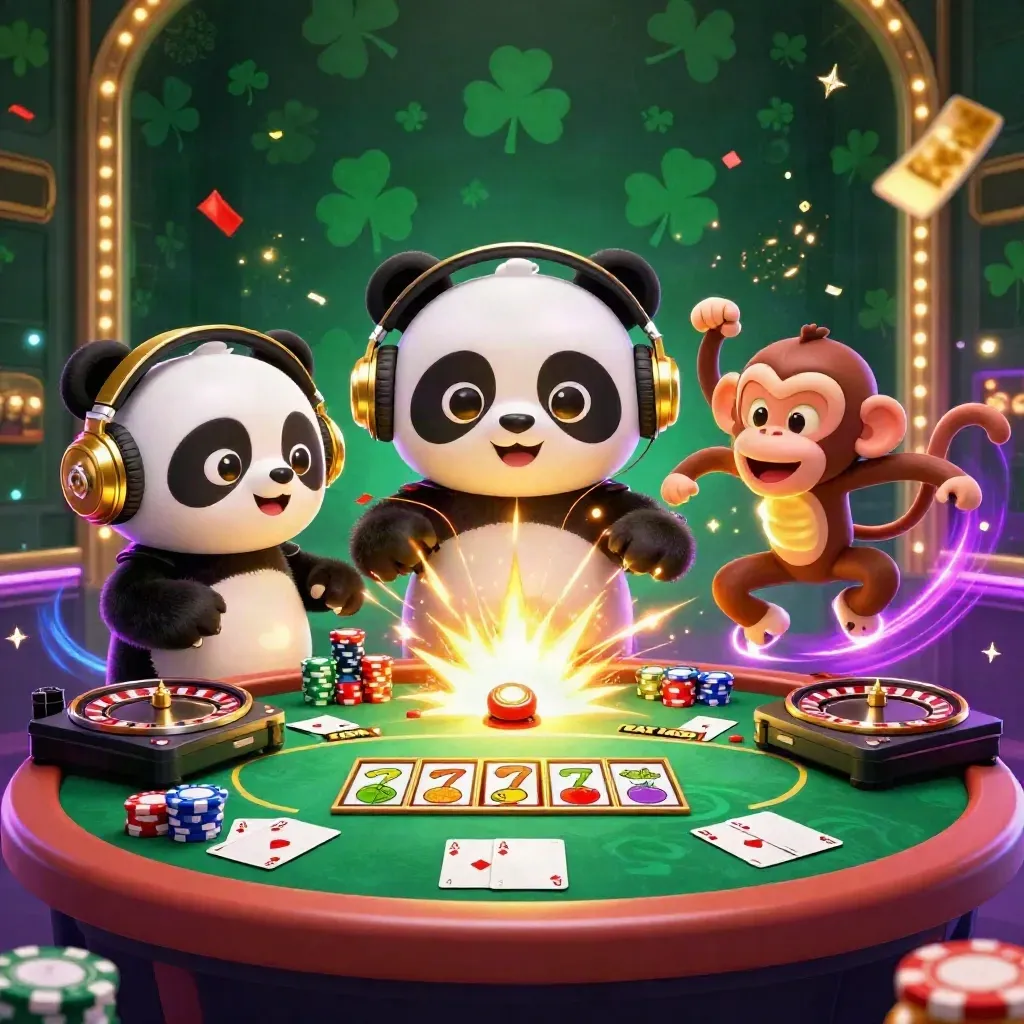 DJ panda, monkey, and glow-stick kitten in a neon casino burst of chips, cards, and fireworks