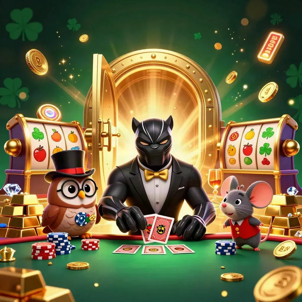 Panther dealer, owl, and mouse amid a bursting vault, gold coins, reels, and fireworks.