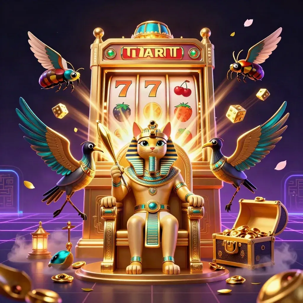 Pharaoh cat, ibis scribe, and gem-winged scarabs amid exploding slots and gold in neon darkness