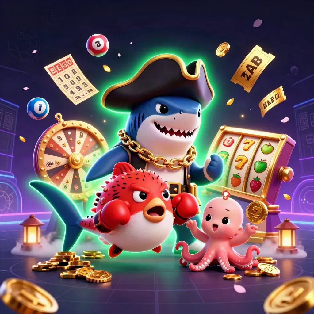 Pirate shark, boxing pufferfish, and coin-juggling octopus in a neon casino splash scene