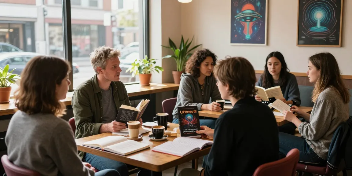 T Allen Greenfield discussions at https://tallengreenfield.com in a cozy café scene with readers engaged over UFOnauts.